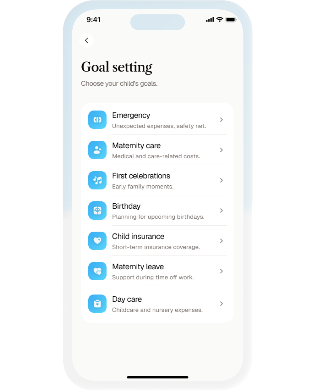 Step one app visual showing family goal setup